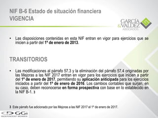 • Las disposiciones contenidas en esta NIF entran en vigor para ejercicios que se
inicien a partir del 1º de enero de 2013.
TRANSITORIOS
• Las modificaciones al párrafo 57.3 y la eliminación del párrafo 57.4 originadas por
las Mejoras a las NIF 2017 entran en vigor para los ejercicios que inicien a partir
del 1º de enero de 2017, permitiendo su aplicación anticipada para los ejercicios
iniciados a partir del 1º de enero de 2016. Los cambios contables que surjan, en
su caso, deben reconocerse en forma prospectiva con base en lo establecido en
la NIF B-1. 3
3 Este párrafo fue adicionado por las Mejoras a las NIF 2017 el 1º de enero de 2017.
NIF B-6 Estado de situación financiera
VIGENCIA
 