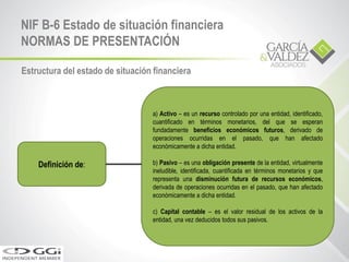 Estructura del estado de situación financiera
Definición de:
a) Activo – es un recurso controlado por una entidad, identificado,
cuantificado en términos monetarios, del que se esperan
fundadamente beneficios económicos futuros, derivado de
operaciones ocurridas en el pasado, que han afectado
económicamente a dicha entidad.
b) Pasivo – es una obligación presente de la entidad, virtualmente
ineludible, identificada, cuantificada en términos monetarios y que
representa una disminución futura de recursos económicos,
derivada de operaciones ocurridas en el pasado, que han afectado
económicamente a dicha entidad.
c) Capital contable – es el valor residual de los activos de la
entidad, una vez deducidos todos sus pasivos.
NIF B-6 Estado de situación financiera
NORMAS DE PRESENTACIÓN
 
