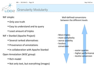 BIS – 2013/04/15 – Page 18 http://lod2.eu
NIF simple:
• Only one truth
• Easy to understand and to query
• Least amount of triples
NIF + Stanbol (Apache Project)
• Several ranked alternatives
• Provenance of annotations
• In collaboration with Apache Stanbol
Open Annotation (W3C group)
• Rich model
• Not only text, but everything (images)
Granularity Modularity
- More triples
- more complexity
- worse usability
- lossless
conversion
Well-defined conversions
between the different levels
- easier queries
- higher performance
- lossful conversion
 