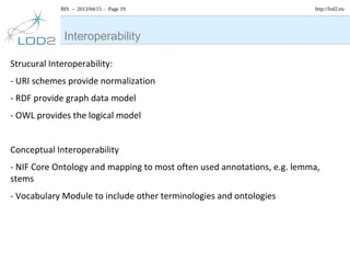 BIS – 2013/04/15 – Page 19 http://lod2.eu
Strucural Interoperability:
- URI schemes provide normalization
- RDF provide graph data model
- OWL provides the logical model
Conceptual Interoperability
- NIF Core Ontology and mapping to most often used annotations, e.g. lemma,
stems
- Vocabulary Module to include other terminologies and ontologies
Interoperability
 