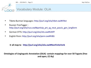 BIS – 2013/04/15 – Page 21 http://lod2.eu
• Tibeto-Burman languages: http://purl.org/olia/tibet.owl#VNst
• Russian TreeTagger :
http://purl.org/olia/russ.owl#partizip_prt_sg_neut_passiv_gen_langform
• German STTS: http://purl.org/olia/stts.owl#VAPP
• English Penn: http://purl.org/olia/penn.owl#VBG
→ all map to http://purl.org/olia/olia.owl#NonFiniteVerb
Ontologies of Lingingustic Annotation (OLiA) contain mappings for over 50 Tagsets (free
and open, CC-By)
Vocabulary Module: OLiA
 