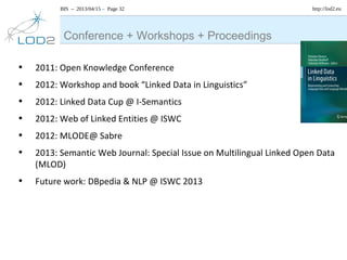 BIS – 2013/04/15 – Page 32 http://lod2.eu
• 2011: Open Knowledge Conference
• 2012: Workshop and book “Linked Data in Linguistics”
• 2012: Linked Data Cup @ I-Semantics
• 2012: Web of Linked Entities @ ISWC
• 2012: MLODE@ Sabre
• 2013: Semantic Web Journal: Special Issue on Multilingual Linked Open Data
(MLOD)
• Future work: DBpedia & NLP @ ISWC 2013
Conference + Workshops + Proceedings
 