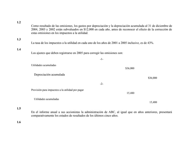 1.2
Como resultado de las omisiones, los gastos por depreciación y la depreciación acumulada al 31 de diciembre de
2004, 2003 y 2002 están subvaluados en $12,000 en cada año, antes de reconocer el efecto de la corrección de
estas omisiones en los impuestos a la utilidad.
1.3
La tasa de los impuestos a la utilidad en cada uno de los años de 2001 a 2005 inclusive, es de 43%.
1.4
Los ajustes que deben registrarse en 2005 para corregir las omisiones son:
-1-
Utilidades acumuladas
$36,000
Depreciación acumulada
$36,000
-2-
Provisión para impuestos a la utilidad por pagar
15,480
Utilidades acumuladas
15,480
1.5
En el informe anual a sus accionistas la administración de ABC, al igual que en años anteriores, presentará
comparativamente los estados de resultados de los últimos cinco años.
1.6
 