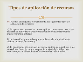 Tipos de aplicación de recursos

                                
 Pueden distinguirse esencialmente, los siguientes tipos de
  aplicación de recursos:

a) de operación, que son las que se aplican como consecuencia de
realizar las actividades que representan la principal fuente de
ingresos para la entidad;

b) de inversión, que son las que se aplican a la adquisición de
activos de larga duración; y

c) de financiamiento, que son las que se aplican para restituir a los
acreedores financieros, y a los propietarios de la entidad, los
recursos que canalizaron en su momento hacia la entidad.
 