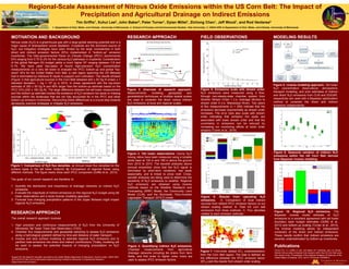 Regional-Scale Assessment of Nitrous Oxide Emissions within the US Corn Belt: The Impact of
Precipitation and Agricultural Drainage on Indirect Emissions
Tim Griffis1, Xuhui Lee2, John Baker3, Peter Turner1, Dylan Millet1, Zichong Chen1, Jeff Wood1, and Rod Venterea3
1. Department of Soil, Water, and Climate, University of Minnesota; 2. School of Forestry and Environmental Studies, Yale University; 3. USDA-ARS & Department of Soil, Water, and Climate, University of Minnesota
RESEARCH APPROACH
FIELD OBSERVATIONS
Method
tall tower upscaled IPCC+ EDGAR GEIA
Regionalflux(nmolm
-2
s
-1
)
0.0
0.1
0.2
0.3
0.4
0.5
Surface type
corn soybean natural water urban
Fluxdensity(nmolm
-2
s
-1
)
0.0
0.1
0.2
0.3
0.4
0.5
a
b
IPCC Agric
Non Agric
Agric BNF
manure
residue
volatization
runoff
fertilizer
others
MOTIVATION AND BACKGROUND
Nitrous oxide (N2O) is a greenhouse gas with a large global warming potential and is a
major cause of stratospheric ozone depletion. Croplands are the dominant source of
N2O, but mitigation strategies have been limited by the large uncertainties in both
direct and indirect emission factors (EFs) implemented in “bottom-up” emission
inventories. The Inter-governmental Panel on Climate Change (IPCC) recommends
EFs ranging from 0.75 to 2% for the various N2O pathways in croplands. Consideration
of the global Nitrogen (N) budget yields a much higher EF ranging between 3.8 and
5.1%. We have used two-years of hourly high-precision N2O concentration
measurements on a very tall tower to evaluate the IPCC bottom-up and global “top-
down” EFs for the United States Corn Belt, a vast region spanning the US Midwest
that is dominated by intensive N inputs to support corn cultivation. The results showed
(Figure 1) that agricultural sources in the Corn Belt released 420 ± 50 Gg N (mean ± 1
standard deviation; 1 Gg = 109 g) in 2010, in closer agreement with the top-down
estimate of 350 ± 50 Gg N and 80% larger than the bottom-up estimate based on the
IPCC EFs (230 ± 180 Gg N). The large difference between the tall-tower measurement
and the bottom-up estimate implies the existence of N2O emission hot spots or missing
sources within the landscape that are not fully accounted for in the IPCC and other
bottom-up emission inventories. Reconciling these differences is a crucial step towards
developing practical strategies to mitigate N2O emissions.
Figure 1: Comparison of N2O flux densities. a) Annual mean flux densities for the
surface types in the tall tower footprint. b) Comparison of regional fluxes using
different methods. The figure insets show each IPCC component (Griffis et al., 2013)
The goals of our current research are therefore to:
1. Quantify the distribution and importance of drainage networks on indirect N2O
emissions;
2. Evaluate the magnitude of indirect emissions on the regional N2O budget using tall
tower observations and a novel inverse modeling approach;
3. Forecast how changing precipitation patterns in the Upper Midwest might impact
regional N2O emissions
The overall research approach involves:
1. High precision and continuous measurements of N2O from the University of
Minnesota Tall Tower Trace Gas Observatory (TGO);
2. Chamber flux measurements and geospatial sampling to assess N2O emissions
along a hydrological gradient defined by time and distance of water transport;
3. Inverse and land surface modeling to estimate regional N2O emissions and to
partition total emissions into direct and indirect contributions. Finally, modeling will
be used to assess the potential impacts of changing precipitation on N2O
emissions.
RESEARCH APPROACH
Figure 2: Overview of research approach.
Measurements, modeling, geospatial, and
geostatistical techniques at multiple spatial scales
are used to constrain the direct versus indirect
N2O emissions at local and regional scales.
Figure 3. Tall tower observations. Hourly N2O
mixing ratios have been measured using a tunable
diode laser at 100 m and 185 m above the ground
from 2010 to 2015. The wavelet analyses above
(annual ensemble) show that the N2O signal is
dominated by short-term variations, has weak
seasonality, and is linked to snow melt. Cross-
wavelet analyses are being used to determine the
sensitivity of N2O emissions to weather. Regional
N2O emissions are obtained using inverse
methods based on the Weather Research and
Forecasting (WRF) Model, the Community Land
Model (CLM), and the Stochastic Time-Inverted
Lagrangian Transport (STILT) model.
Figure 4: Quantifying indirect N2O emissions.
Chamber measurements from agricultural
drainage networks including tile drains from farm
fields, and first order to higher order rivers are
used to assess IPCC emission factors.
Figure 5: Emissions scale with stream order.
N2O emissions were measured using a flow-
through non-steady-state chamber system from
Strahler Stream Order 1 (i.e. drainage ditches) to
stream order 9 (i.e. Mississippi River). Two years
of flux measurements (n > 200) indicate that the
emissions decrease exponentially as stream order
increases. The error bars also scale with stream
order indicating that emission hot spots are
associated with lower stream order and that the
uncertainty in emissions can be reduced by
increasing our monitoring efforts at lower order
streams (Turner et al., 2015).
MODELING RESULTS
Figure 8: Inverse modeling approach. Tall tower
N2O concentration observations, atmospheric
transport modeling, and prior estimates of indirect
and direct N2O emissions from CLM and EDGAR,
respectively are used with a Bayesian optimization
method to constrain the direct and indirect
emissions independently.
Figure 9: Seasonal variation of indirect N2O
emissions within the US Corn Belt derived
from Bayesian inverse modeling.
Figure 6: Results from upscaling N2O
emissions. A. Comparison of local indirect
sources from default IPCC emission factors vs our
stream scaling method. B. Total US corn belt
emissions from three methods. C. Flux densities
related to each emission estimate.
Figure 7: First-order default EF5r underestimation
from the Corn Belt region. The bias is defined as
the difference between the IPCC emission factor
(EF5r) and the results from stream order scaling.
Figure 10: Regional N2O emissions. The
Bayesian inverse model estimate of N2O
emissions is in excellent agreement with tall tower
boundary layer budget estimates (Griffis et al.,
2013) and bottom-up scaling (Turner et al., 2015).
The inverse modeling allows for independent
constraint of the direct and indirect emissions.
These results confirm that indirect emissions are
severely underestimated by bottom-up inventories.
Support for this research has been provided by the United States Department of Agriculture, Grant number: USDA-NIFA
2013-67019-21364 and the Minnesota Supercomputing Institute for Advanced Computational Research
(https://www.msi.umn.edu/)
Publications
Turner, P.A., T.J. Griffis, X. Lee, J.M. Baker, R.T. Venterea, and J.D. Wood,
Indirect nitrous oxide emissions from streams within the US Corn Belt scale
with stream order, Proceedings of the National Academy of Sciences of the
United States of America, 2015, doi/10.1073/pnas.150359812
 