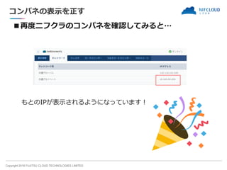 Copyright 2018 FUJITSU CLOUD TECHNOLOGIES LIMITED
コンパネの表示を正す
■再度ニフクラのコンパネを確認してみると…
もとのIPが表示されるようになっています！
 