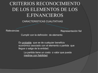 CRITERIOS RECONOCIMIENTO
    DE LOS ELEMENTOS DE LOS
         E.FINANCIEROS
               CARACTERISTICAS CUALITATIVAS


Relevancias                                      Representación fiel
              Cumplir con la definición de elemento


          Es probable que se de cualquier beneficio
          económico asociado con el elemento o partida que
          llegue o salga de la entidad.
                La partida tiene un costo o valor que pueda
                medirse con fiabilidad.
 