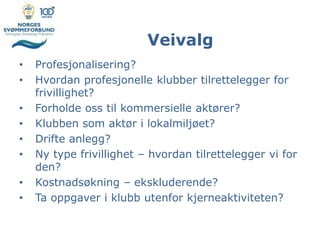 Veivalg
• Profesjonalisering?
• Hvordan profesjonelle klubber tilrettelegger for
frivillighet?
• Forholde oss til kommersielle aktører?
• Klubben som aktør i lokalmiljøet?
• Drifte anlegg?
• Ny type frivillighet – hvordan tilrettelegger vi for
den?
• Kostnadsøkning – ekskluderende?
• Ta oppgaver i klubb utenfor kjerneaktiviteten?
 