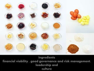 ingredients 
financial viability , good governance and risk management, 
leadership and 
culture 
 