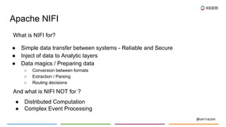 @serrazon
Apache NIFI
● Simple data transfer between systems - Reliable and Secure
● Inject of data to Analytic layers
● D...