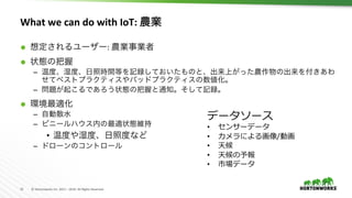 15	 ©	Hortonworks	Inc.	2011	–	2016.	All	Rights	Reserved	
What	we	can	do	with	IoT:	農業	
Ã  想定されるユーザー:	農業事業者	
Ã  状態の把握	
–  温度、湿度、日照時間等を記録しておいたものと、出来上がった農作物の出来を付きあわ
せてベストプラクティスやバッドプラクティスの数値化。	
–  問題が起こるであろう状態の把握と通知。そして記録。	
Ã  環境最適化	
–  自動散水	
–  ビニールハウス内の最適状態維持	
•  温度や湿度、日照度など	
–  ドローンのコントロール	
データソース
•  センサーデータ
•  カメラによる画像/動画
•  天候
•  天候の予報
•  市場データ
 