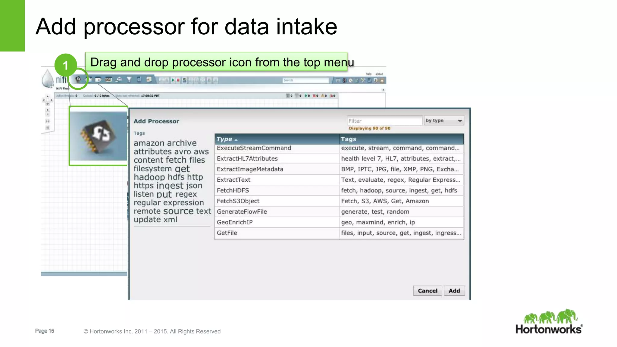 Page15 © Hortonworks Inc. 2011 – 2015. All Rights Reserved
Add processor for data intake
1 Drag and drop processor icon from the top menu
 
