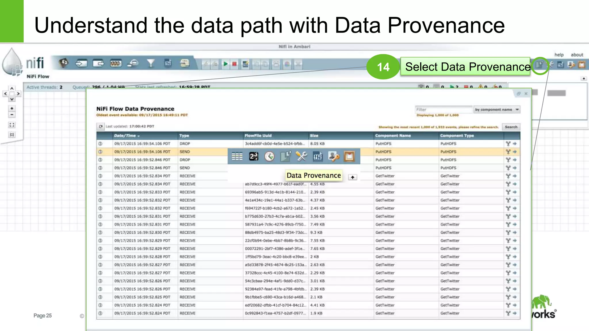 Page25 © Hortonworks Inc. 2011 – 2015. All Rights Reserved
Understand the data path with Data Provenance
14 Select Data Provenance
 