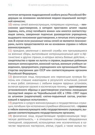 О налоге на имущество физических лиц32 |
митетом ветеранов подразделений особого риска Российской Фе-
дерации на основании заключения медико-социальной эксперт-
ной комиссии;
10) члены семей военнослужащих, потерявших кормильца,– пен-
сионное удостоверение, в  котором проставлен штамп «вдова
(вдовец, мать, отец) погибшего воина» или имеется соответству-
ющая запись, заверенная подписью руководителя учреждения,
выдавшего пенсионное удостоверение, и печатью этого учрежде-
ния.В случае если указанные члены семей не являются пенсионе-
рами, льгота предоставляется им на основании справки о гибели
военнослужащего;
11) граждане, уволенные с военной службы или призывавшиеся
на военные сборы, выполнявшие интернациональный долг в Аф-
ганистане и других странах, в которых велись боевые действия, –
свидетельство о праве на льготы и справки, выданные районным
военным комиссариатом, воинской частью, военным учебным за-
ведением, предприятием, учреждением или организацией Мини-
стерства внутренних дел СССР или соответствующими органами
Российской Федерации;
12) физические лица, получившие или перенесшие лучевую бо-
лезнь или ставшие инвалидами в результате испытаний, учений
и  иных работ, связанных с  любыми видами ядерных установок,
включая ядерное оружие и космическую технику,–удостоверение
установленного образца и удостоверение участника ликвидации
последствий аварии на Чернобыльской АЭС в 1986–1987 годах
со  штампом (надпечаткой) «летно-подъемный состав, участво-
вавший в ядерных испытаниях»;
13) родители и супруги военнослужащих и государственных служа-
щих,погибших при исполнении служебных обязанностей, –справка
о гибели военнослужащего либо государственного служащего, вы-
данная соответствующими государственными органами;
14) физические лица, осуществляющие профессиональную твор-
ческую деятельность, – в  отношении специально оборудованных
помещений, сооружений, используемых ими исключительно в ка-
честве творческих мастерских, ателье, студий, а также жилых по-
 