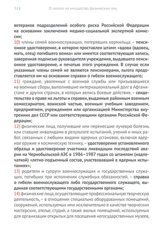 О налоге на имущество физических лиц32 |
ветеранов подразделений особого риска Российской Федерации
на  основании заключения медико-социальной экспертной комис-
сии;
10) члены семей военнослужащих, потерявших кормильца, – пенси-
онное удостоверение, в котором проставлен штамп «вдова (вдовец,
мать, отец) погибшего воина» или имеется соответствующая запись,
заверенная подписью руководителя учреждения, выдавшего пенси-
онное удостоверение, и печатью этого учреждения. В случае если
указанные члены семей не являются пенсионерами, льгота предо-
ставляется им на основании справки о гибели военнослужащего;
11) граждане, уволенные с  военной службы или призывавшиеся
на военные сборы,выполнявшие интернациональный долг в Афгани-
стане и других странах, в которых велись боевые действия, – свиде-
тельство о праве на льготы и справки,выданные районным военным
комиссариатом, воинской частью, военным учебным заведением,
предприятием, учреждением или организацией Министерства вну-
тренних дел СССР или соответствующими органами Российской Фе-
дерации;
12) физические лица, получившие или перенесшие лучевую болезнь
или ставшие инвалидами в результате испытаний, учений и иных ра-
бот, связанных с любыми видами ядерных установок, включая ядер-
ное оружие и космическую технику,–удостоверение установленного
образца и удостоверение участника ликвидации последствий ава-
рии на Чернобыльской АЭС в 1986–1987 годах со штампом (надпе-
чаткой) «летно-подъемный состав, участвовавший в ядерных испы-
таниях»;
13) родители и супруги военнослужащих и государственных служа-
щих, погибших при исполнении служебных обязанностей, – справка
о  гибели военнослужащего либо государственного служащего, вы-
данная соответствующими государственными органами;
14) физические лица,осуществляющие профессиональнуютворческую
деятельность, – в отношении специально оборудованных помещений,
сооружений,используемых ими исключительно в качестве творческих
мастерских, ателье, студий, а также жилых помещений, используемых
для организации открытых для посещения негосударственных музеев,
 