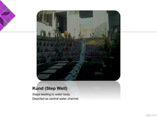 Kund (Step Well)
Steps leading to water body
Depicted as central water channel
 