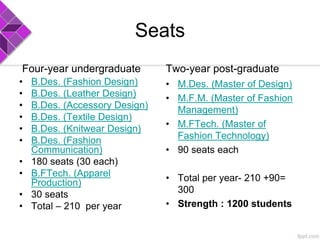 Seats
Four-year undergraduate
• B.Des. (Fashion Design)
• B.Des. (Leather Design)
• B.Des. (Accessory Design)
• B.Des. (Textile Design)
• B.Des. (Knitwear Design)
• B.Des. (Fashion
Communication)
• 180 seats (30 each)
• B.FTech. (Apparel
Production)
• 30 seats
• Total – 210 per year
Two-year post-graduate
• M.Des. (Master of Design)
• M.F.M. (Master of Fashion
Management)
• M.FTech. (Master of
Fashion Technology)
• 90 seats each
• Total per year- 210 +90=
300
• Strength : 1200 students
 