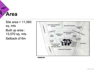 Area
Site area = 11,560
sq, mts
Built up area :
13,570 sq. mts
Setback of 6m
 