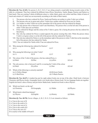 Direction (Q. Nos. 61-65): Six person A, B, C, D, E, F are sitting around a round table facing towards centre of the
table in a restaurant. They have ordered for different items (Pizza, Strawberry, Vanila, Burger, Pastries and Patties) as
their lunch. They are wearing T-shirts of different colour i.e. white, black, green, red, yellow and blue. Order of items of
lunch and colours of T-shirts are not necessarily according to the order of their names.
     I.    The persons who have ordered for Pizza, Vanila and Pastries are neither in white T-shirt nor in black.
     II.   The persons who are in green and yellow T-shirts have neither ordered for Pizza nor for Vanila.
     III.  A is neither in white T-shirt nor on the immediate left of the person who has ordered for Burger.
     IV.   The only person who is between E and F eats Strawberry. The person who is on the left side of the person in
           white T-shirt does not eat Patties.
     V. D has ordered for Burger and the colour of his T-shirt is green. He is facing the person who has ordered for
           Strawberry.
     VI. One who has ordered for Pizza is seated opposite the person wearing blue shirt. While the person whose
           T-shirt is of green colour is on the left of the person who has ordered for Pastries.
     VII. One who has ordered for Patties is on the immediate right of the person in white T-shirt but on the immediate
           left of the person who has ordered for Vanila.
     VIII. C has not ordered for Vanila while F has not ordered for Pizza.

61. Who among the following has ordered for Pastries?
    (a) A                   (b) B                             (c) C                        (d) E

62. Who among the following is in white T-shirt?
    (a) A                    (b) B                            (c) C                        (d) E

63. The colour of the T-shirt of the person, who has ordered Pizza, is
    (a) black                   (b) blue                   (c) yellow                      (d) red

64. The only person, who is between E and D, is wearing the T-shirt of the colour
    (a) black                 (b) yellow                 (c) blue                          (d) red

65. Which of the following is correctly matched?
    (a) A-Yellow-Burger                                       (b) B-Green-Vanila
    (c) E-Red-Pizza                                           (d) F-Black-Pastries

Direction (Q. Nos. 66-67): A student has put his eight subject books one on top of the other. Hindi book is between
Chemistry and Physics books. Geography book is two books above History book. No two language books are together.
English text book is above History and just below Maths book. Sanskrit text book is above Physics.

66. Which text book is at the top?
    (a) Chemistry               (b) Geography                 (c) Maths                    (d) Physics

67. Which book is third from bottom?
    (a) Physics                (b) English                    (c) History                  (d) Maths

Direction (Q. Nos. 68-70): Seven villages, A, B, C, D, E, F, G are situated as follows:
E is 2 km to the west of B
E is 2 km to the north of A
C is 1 km to the west of A
D is 2 km to the south of G
G is 2 km to the east of C
D is exactly in the middle of B and E

                                                         Page 7
                                                                                                                     UGDG/I
 