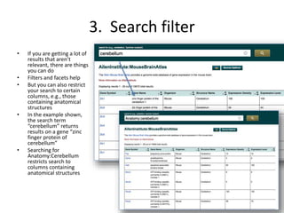 3. Search filter 
• If you are getting a lot of 
results that aren’t 
relevant, there are things 
you can do 
• Filters and facets help 
• But you can also restrict 
your search to certain 
columns, e.g., those 
containing anatomical 
structures 
• In the example shown, 
the search term 
“cerebellum” returns 
results on a gene “zinc 
finger protein of 
cerebellum” 
• Searching for 
Anatomy:Cerebellum 
restricts search to 
columns containing 
anatomical structures 
 