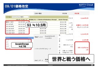 09/01価格改定
09/01価格改定




                                                S3 ≒10.5円
                                                    10.5円




                   GoogleStorage
                      ≒9.7円
                        9.7円




                                                                      世界と戦う価格へ
Copyright © NIFTY Corporation All Rights Reserved.          Confidential         20
 