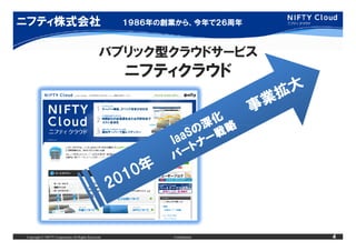 ニフティ株式会社                                             １９８６年の創業から、今年で２６周年



                                                バブリック型クラウドサービス
                                                     ニフティクラウド




Copyright © NIFTY Corporation All Rights Reserved.          Confidential   4
 