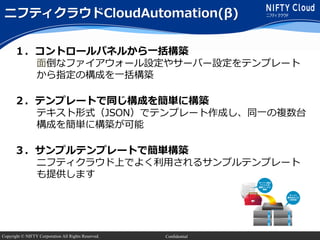 Copyright © NIFTY Corporation All Rights Reserved. Confidential
ニフティクラウドCloudAutomation(β)
１．コントロールパネルから一括構築
面倒なファイアウォール設定やサーバー設定をテンプレート
から指定の構成を一括構築
２．テンプレートで同じ構成を簡単に構築
テキスト形式（JSON）でテンプレート作成し、同一の複数台
構成を簡単に構築が可能
３．サンプルテンプレートで簡単構築
ニフティクラウド上でよく利用されるサンプルテンプレート
も提供します
 