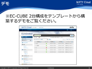 Copyright © NIFTY Corporation All Rights Reserved. Confidential
デモ
8
※EC-CUBE 2台構成をテンプレートから構
築するデモをご覧ください。
 