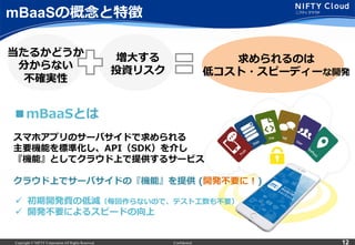 Copyright © NIFTY Corporation All Rights Reserved. Confidential 12
mBaaSの概念念と特徴
当たるかどうか
分からない
不不確実性
増⼤大する
投資リスク
求められるのは
低コスト・スピーディーな開発
■mBaaSとは
スマホアプリのサーバサイドで求められる
主要機能を標準化し、API（SDK）を介し
『機能』としてクラウド上で提供するサービス
クラウド上でサーバサイドの『機能』を提供  (開発不不要に！)
ü  初期開発費の低減（毎回作らないので、テスト⼯工数も不不要）
ü  開発不不要によるスピードの向上
 