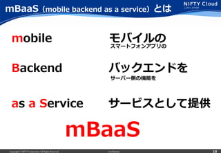 Copyright © NIFTY Corporation All Rights Reserved. Confidential
mBaaS（mobile  backend  as  a  service）とは
mobile
Backend
as  a  Service
モバイルの
バックエンドを
サービスとして提供
mBaaS
スマートフォンアプリの
サーバー側の機能を
19
 