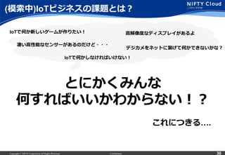 Copyright © NIFTY Corporation All Rights Reserved. Confidential 30
(模索索中)IoTビジネスの課題とは？
とにかくみんな
何すればいいかわからない！？
これにつきる….
凄い⾼高性能なセンサーがあるのだけど・・・
⾼高解像度度なディスプレイがあるよ
デジカメをネットに繋げて何かできないかな？
IoTで何か新しいゲームが作りたい！
IoTで何かしなければいけない！
 
