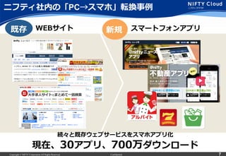 Copyright © NIFTY Corporation All Rights Reserved. Confidential 7
ニフティ社内の「PC→スマホ」転換事例例
既存 新規WEBサイト スマートフォンアプリ
続々と既存ウェブサービスをスマホアプリ化
現在、30アプリ、700万ダウンロード
 