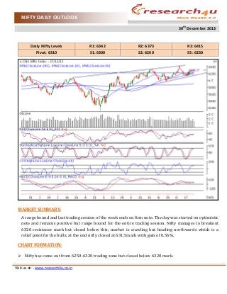 NIFTY DAILY OUTLOOK
30th December 2013

Daily Nifty Levels
Pivot: 6310

R1: 6342
S1: 6300

R2: 6373
S2: 6260

R3: 6415
S3: 6230

MARKET SUMMARY:
A range bound and last trading session of the week ends on firm note. The day was started on optimistic
note and remains positive but range bound for the entire trading session. Nifty manages to breakout
6320 resistance mark but closed below this; market is crawling but heading northwards which is a
relief point for the bulls; at the end nifty closed at 6313 mark with gain of 0.56%.

CHART FORMATION:
 Nifty has come out from 6250-6320 trading zone but closed below 6320 mark.
Visit us at: - www.research4u.co.in

 
