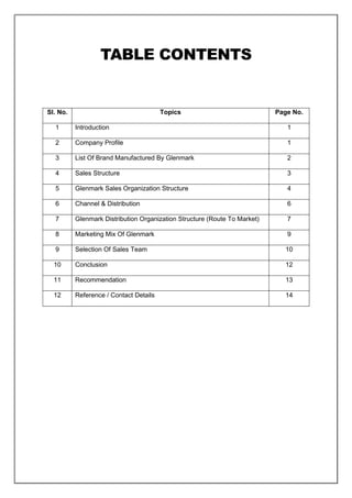 TABLE CONTENTS
Sl. No. Topics Page No.
1 Introduction 1
2 Company Profile 1
3 List Of Brand Manufactured By Glenmark 2
4 Sales Structure 3
5 Glenmark Sales Organization Structure 4
6 Channel & Distribution 6
7 Glenmark Distribution Organization Structure (Route To Market) 7
8 Marketing Mix Of Glenmark 9
9 Selection Of Sales Team 10
10 Conclusion 12
11 Recommendation 13
12 Reference / Contact Details 14
 