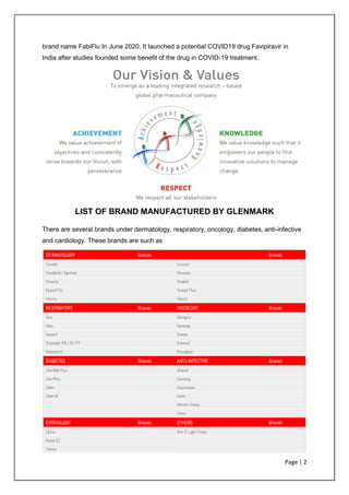 Page | 2
brand name FabiFlu In June 2020, It launched a potential COVID19 drug Favipiravir in
India after studies founded some benefit of the drug in COVID-19 treatment.
LIST OF BRAND MANUFACTURED BY GLENMARK
There are several brands under dermatology, respiratory, oncology, diabetes, anti-infective
and cardiology. These brands are such as
 