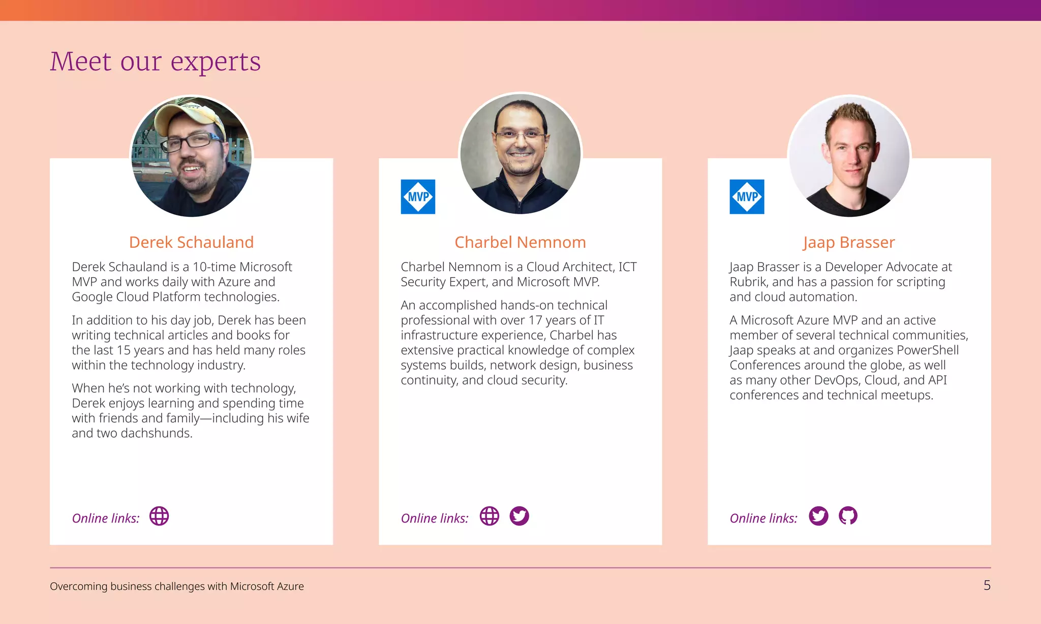 Meet our experts
Charbel Nemnom
Charbel Nemnom is a Cloud Architect, ICT
Security Expert, and Microsoft MVP.
An accomplished hands-on technical
professional with over 17 years of IT
infrastructure experience, Charbel has
extensive practical knowledge of complex
systems builds, network design, business
continuity, and cloud security.
Jaap Brasser
Jaap Brasser is a Developer Advocate at
Rubrik, and has a passion for scripting
and cloud automation.
A Microsoft Azure MVP and an active
member of several technical communities,
Jaap speaks at and organizes PowerShell
Conferences around the globe, as well
as many other DevOps, Cloud, and API
conferences and technical meetups.
Derek Schauland
Derek Schauland is a 10-time Microsoft
MVP and works daily with Azure and
Google Cloud Platform technologies.
In addition to his day job, Derek has been
writing technical articles and books for
the last 15 years and has held many roles
within the technology industry.
When he’s not working with technology,
Derek enjoys learning and spending time
with friends and family—including his wife
and two dachshunds.
Online links: Online links: Online links:
Overcoming business challenges with Microsoft Azure 5
 