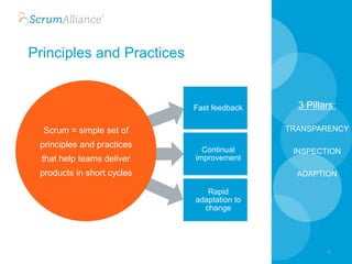 Principles and Practices
16
Fast feedback
Continual
improvement
Rapid
adaptation to
change
Scrum = simple set of
principles and practices
that help teams deliver
products in short cycles
3 Pillars:
TRANSPARENCY
INSPECTION
ADAPTION
 