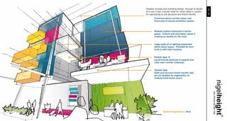 Headed concept and branding design, through to tender




                                                           15 / 23
of a new 3-star modular hotel for urban sites in London.
An opportunity to link structure and brand identity.




                                                                     nigelheight..
                                                                     . bsc (hons) aa dipl riba
 