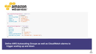 Deﬁne AWS Autoscaling Groups as well as CloudWatch alarms to
trigger scaling up and down
 