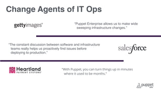 “Puppet Enterprise allows us to make wide
sweeping infrastructure changes.”
“The constant discussion between software and infrastructure
teams really helps us proactively ﬁnd issues before
deploying to production.”
“With Puppet, you can turn things up in minutes
where it used to be months.”
Change Agents of IT Ops
 