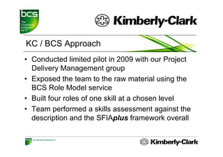KC / BCS Approach
• Conducted limited pilot in 2009 with our Project
  Delivery Management group
• Exposed the team to the raw material using the
  BCS Role Model service
• B ilt f
  Built four roles of one skill at a chosen l
               l    f      kill t     h     level
                                                l
• Team performed a skills assessment against the
  description and the SFIAplus framework overall
 