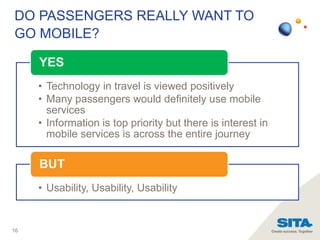 DO PASSENGERS REALLY WANT TO
GO MOBILE?
YES
• Technology in travel is viewed positively
• Many passengers would definitely...