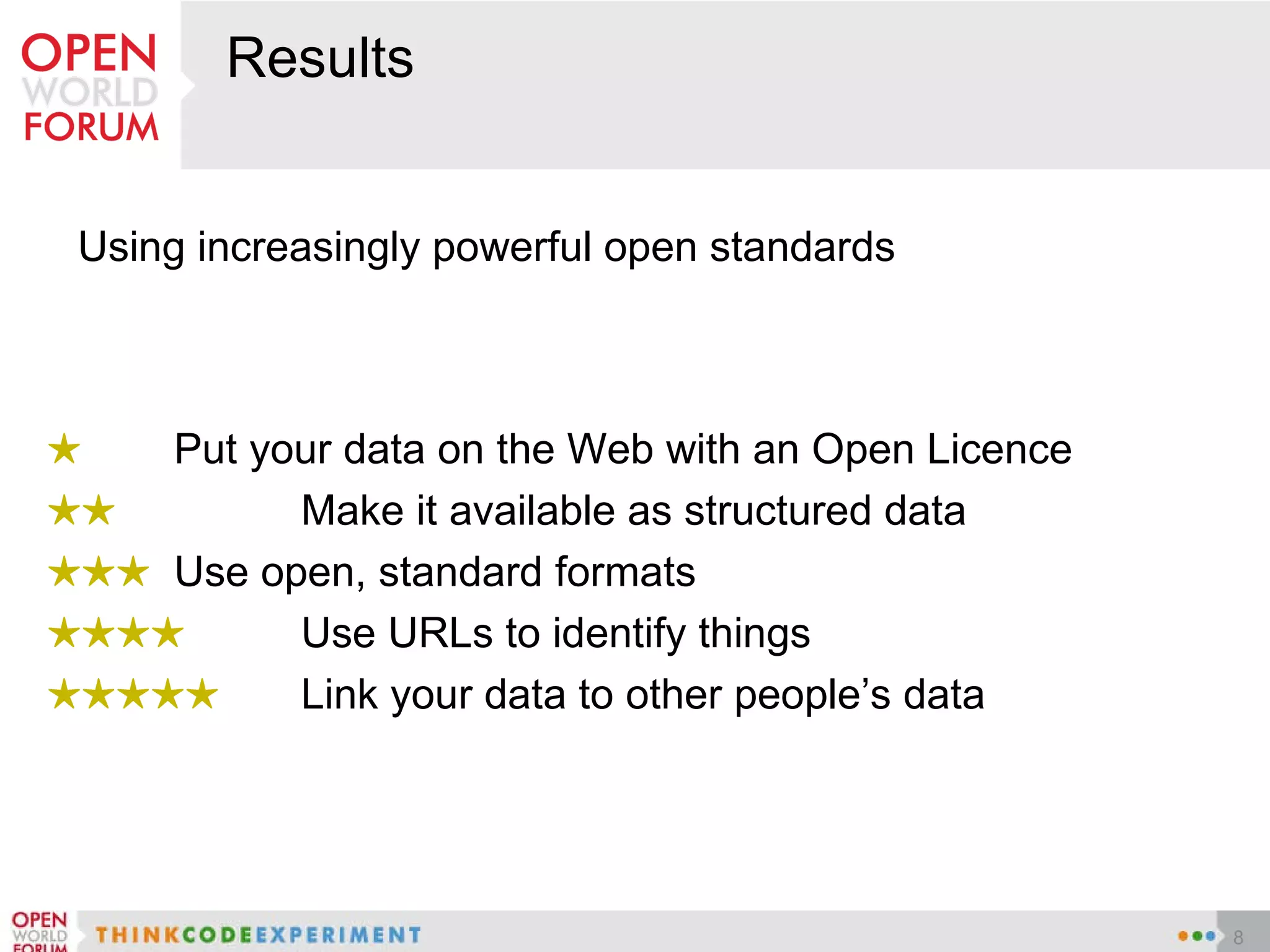 Results Using increasingly powerful open standards  ★   Put your data on the Web with an Open Licence ★★  Make it available as structured data ★★★ Use open, standard formats ★★★★ Use URLs to identify things ★★★★★ Link your data to other people ’s data 