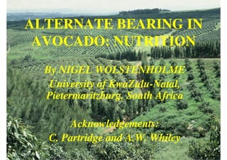 ALTERNATE BEARING IN
 AVOCADO: NUTRITION
  By NIGEL WOLSTENHOLME
   University of KwaZulu-Natal,
                 KwaZulu-
  Pietermaritzburg, South Africa

      Acknowledgements:
  C. Partridge and A.W. Whiley
 