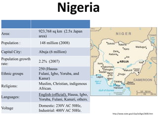 Nigeria
                    923,768 sq km (2.5x Japan
Area:
                    area)
Population :        148 million (2008)

Capital City:       Abuja (6 million)
Population growth
                    2.2% (2007)
rate:
                    250 (Hausa-
Ethnic groups       Fulani, Igbo, Yoruba, and
                    Kanur)
                    Muslim, Christian, indigenous
Religions:
                    African.
                    English (official), Hausa, Igbo,
Languages:
                    Yoruba, Fulani, Kanuri, others.
                    Domestic: 230V AC 50Hz,
Voltage
                    Industrial: 400V AC 50Hz.
                                                                                           1
                                                       http://www.state.gov/r/pa/ei/bgn/2836.htm
 