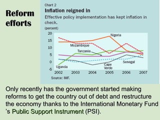 Reform efforts Only recently has the government started making reforms to get the country out of debt and restructure the economy thanks to the International Monetary Fund ’s  Public Support Instrument  (PSI). 