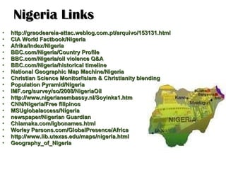 Nigeria Links http://graodeareia-attac.weblog.com.pt/arquivo/153131.html CIA World Factbook/Nigeria Afrika/Index/Nigeria BBC.com/Nigeria/Country Profile BBC.com/Nigeria/oil violence Q&A BBC.com/Nigeria/historical timeline National Geographic Map Machine/Nigeria Christian Science Monitor/Islam & Christianity blending Population Pyramid/Nigeria IMF.org/survey/so/2008/NigeriaOil http://www.nigerianembassy.nl/Soyinka1.htm CNN/Nigeria/Free filipinos MSUglobalaccess/Nigeria newspaper/Nigerian Guardian Chiamaka.com/igbonames.html Worley Parsons.com/GlobalPresence/Africa http://www.lib.utexas.edu/maps/nigeria.html Geography_of_Nigeria 