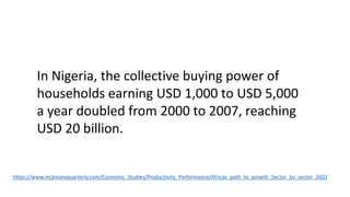 In Nigeria, the collective buying power of
households earning USD 1,000 to USD 5,000
a year doubled from 2000 to 2007, reaching
USD 20 billion.
https://www.mckinseyquarterly.com/Economic_Studies/Productivity_Performance/Africas_path_to_growth_Sector_by_sector_2602
 