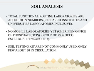 SOILANALYSIS
• TOTAL FUNCTIONAL ROUTINE LABORATORIES ARE
ABOUT 80 IN NUMBERS (RESEARCH INSTITUTES AND
UNIVERSITIES LABORATORIES INCLUSIVE).
• NO MOBILE LABORATORIES YET (CHERIFIEN OFFICE
OF PHOSPHATE(OCP)) GROUP OF MOROCCO
ESTERBLISH FEW-ABOUT 3).
• SOIL TESTING KIT ARE NOT COMMONLY USED, ONLY
FEW ABOUT 20 IN CIRCULATION.
 