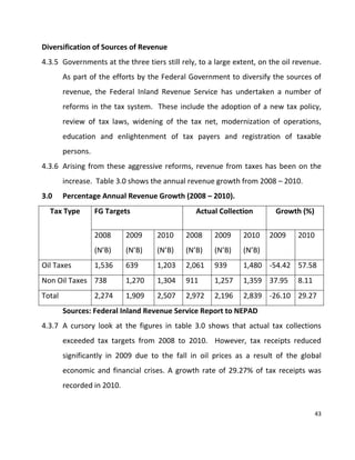 43
Diversification of Sources of Revenue
4.3.5 Governments at the three tiers still rely, to a large extent, on the oil revenue.
As part of the efforts by the Federal Government to diversify the sources of
revenue, the Federal Inland Revenue Service has undertaken a number of
reforms in the tax system. These include the adoption of a new tax policy,
review of tax laws, widening of the tax net, modernization of operations,
education and enlightenment of tax payers and registration of taxable
persons.
4.3.6 Arising from these aggressive reforms, revenue from taxes has been on the
increase. Table 3.0 shows the annual revenue growth from 2008 – 2010.
3.0 Percentage Annual Revenue Growth (2008 – 2010).
Tax Type FG Targets Actual Collection Growth (%)
2008
(N’B)
2009
(N’B)
2010
(N’B)
2008
(N’B)
2009
(N’B)
2010
(N’B)
2009 2010
Oil Taxes 1,536 639 1,203 2,061 939 1,480 -54.42 57.58
Non Oil Taxes 738 1,270 1,304 911 1,257 1,359 37.95 8.11
Total 2,274 1,909 2,507 2,972 2,196 2,839 -26.10 29.27
Sources: Federal Inland Revenue Service Report to NEPAD
4.3.7 A cursory look at the figures in table 3.0 shows that actual tax collections
exceeded tax targets from 2008 to 2010. However, tax receipts reduced
significantly in 2009 due to the fall in oil prices as a result of the global
economic and financial crises. A growth rate of 29.27% of tax receipts was
recorded in 2010.
 